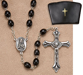 Black Wood Rosary with Silver Cross and Case